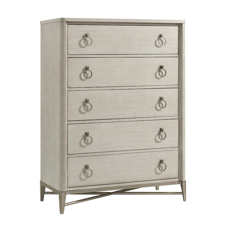 Set Camera da Letto 5 Pezzi con Letto a Pannello, Comò, Specchio, Comodino e Cassettiera, Finitura Champagne, King