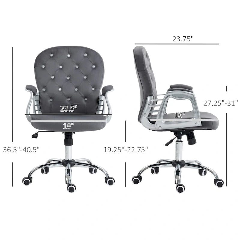 Sedia da ufficio in velluto trapuntato con schienale in cristallo, girevole a 360° e braccioli regolabili in altezza, 120 kg