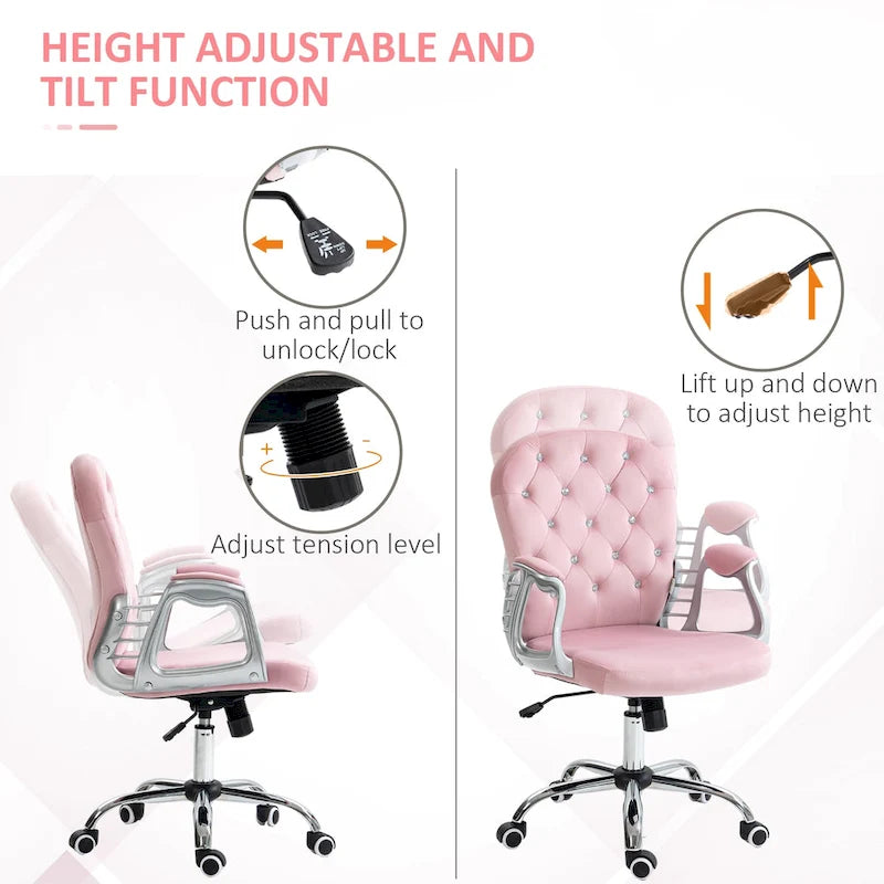 Sedia da ufficio in velluto trapuntato con schienale in cristallo, girevole a 360° e braccioli regolabili in altezza, 120 kg