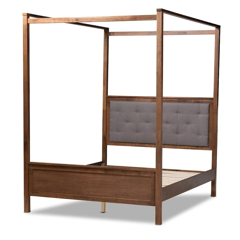 Letto a baldacchino queen size con testiera trapuntata, finitura noce, non è necessaria la rete, baldacchino da 87 pollici