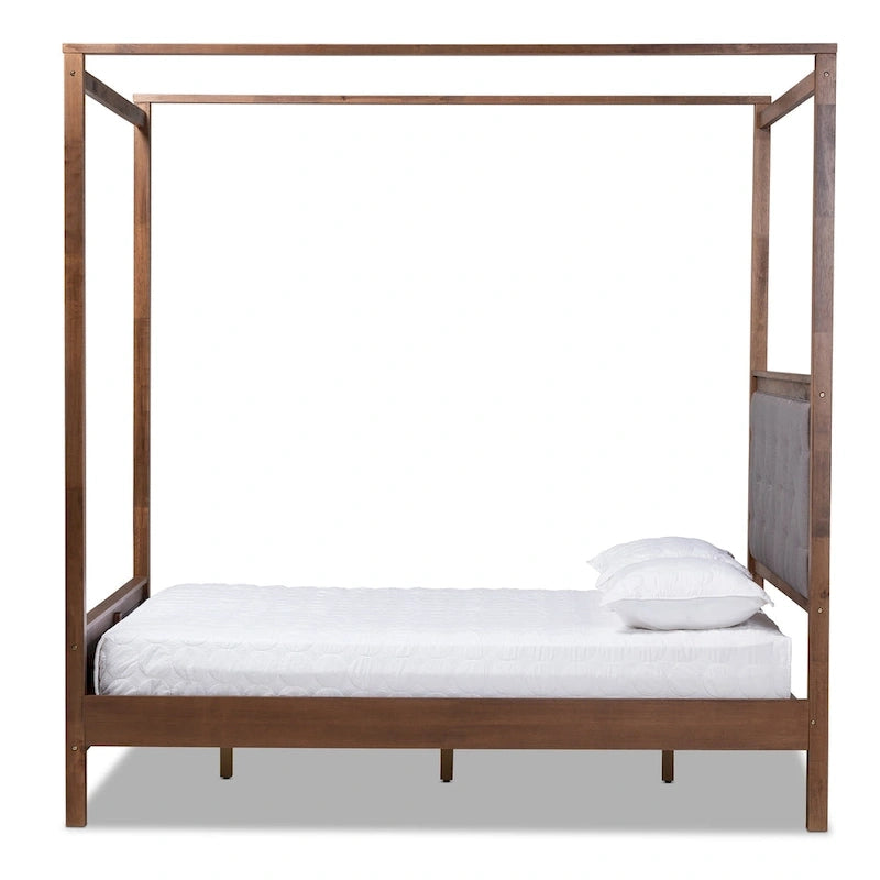 Letto a baldacchino queen size con testiera trapuntata, finitura noce, non è necessaria la rete, baldacchino da 87 pollici