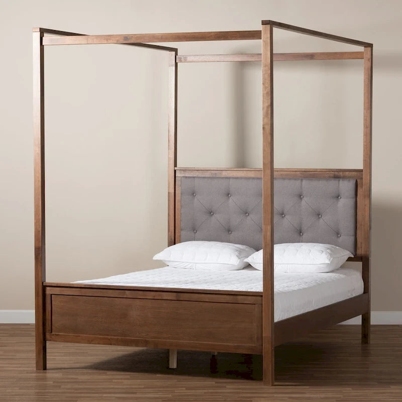 Letto a baldacchino queen size con testiera trapuntata, finitura noce, non è necessaria la rete, baldacchino da 87 pollici
