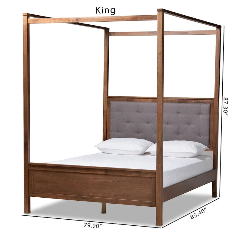 Letto a baldacchino queen size con testiera trapuntata, finitura noce, non è necessaria la rete, baldacchino da 87 pollici