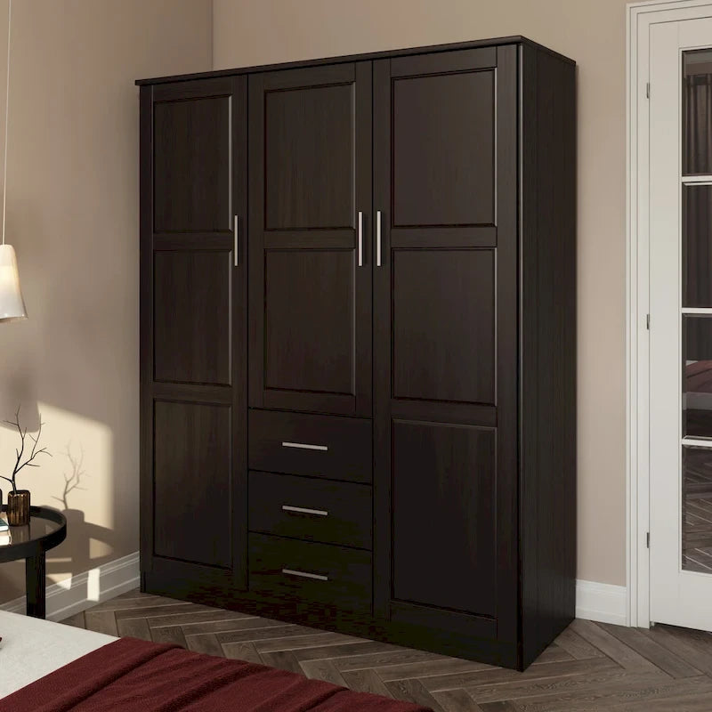 Guardaroba a tre ante in legno massello di pino, 183 cm (A) x 142 cm (L), ante a specchio o a pannello, 3 bastoni appendiabiti