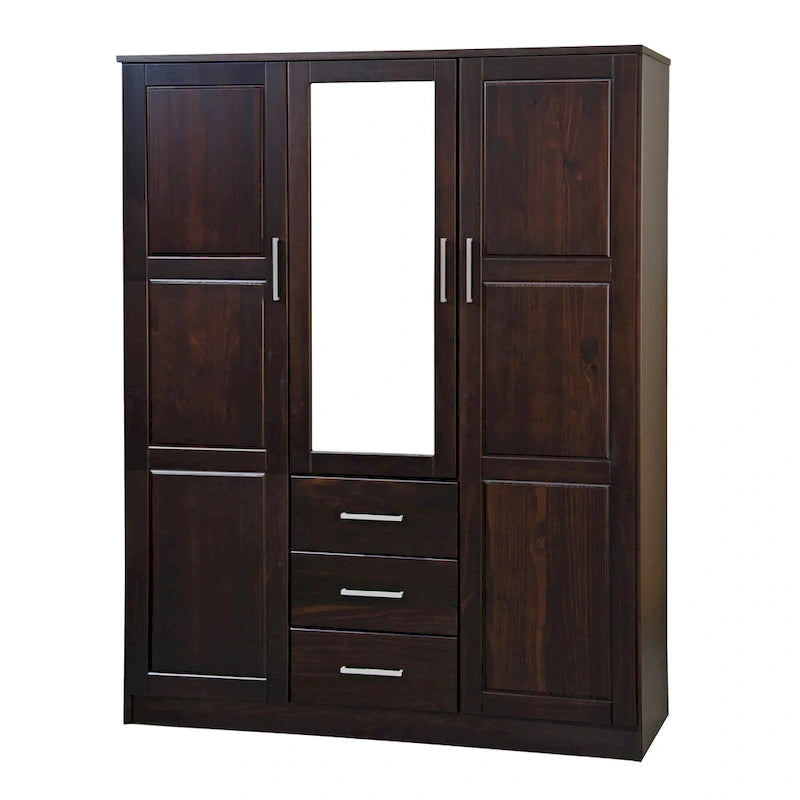 Guardaroba a tre ante in legno massello di pino, 183 cm (A) x 142 cm (L), ante a specchio o a pannello, 3 bastoni appendiabiti