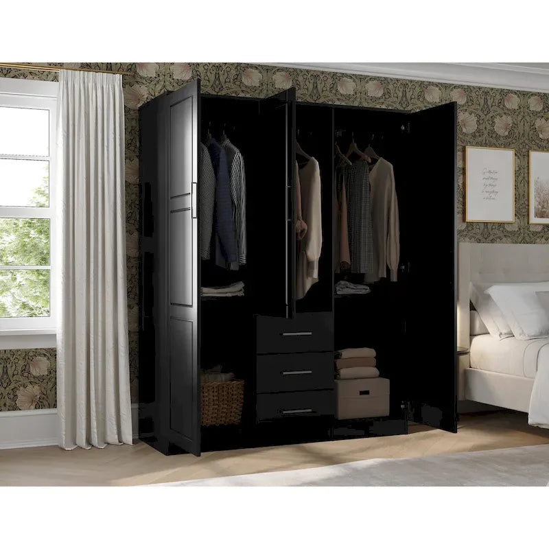 Guardaroba a tre ante in legno massello di pino, 183 cm (A) x 142 cm (L), ante a specchio o a pannello, 3 bastoni appendiabiti