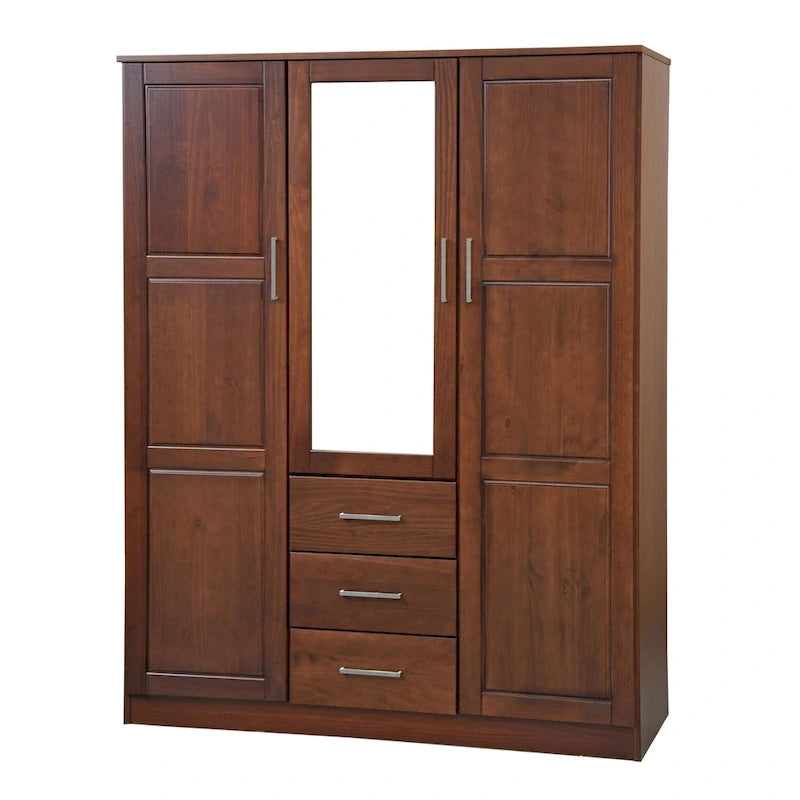 Guardaroba a tre ante in legno massello di pino, 183 cm (A) x 142 cm (L), ante a specchio o a pannello, 3 bastoni appendiabiti