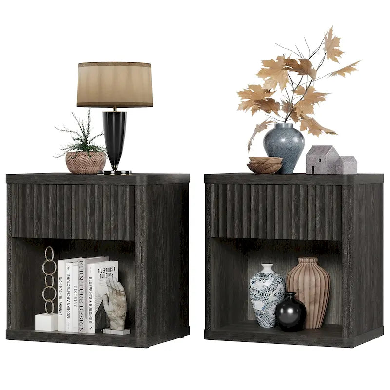 Set di 2 comodini moderni in stile rustico con cassetto scanalato e ripiano aperto, 57,7 cm P x 39,1 cm L x 61,2 cm A