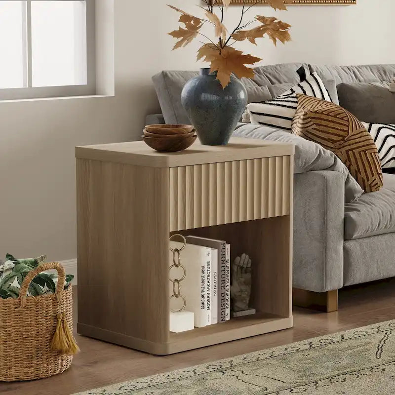 Set di 2 comodini moderni in stile rustico con cassetto scanalato e ripiano aperto, 57,7 cm P x 39,1 cm L x 61,2 cm A