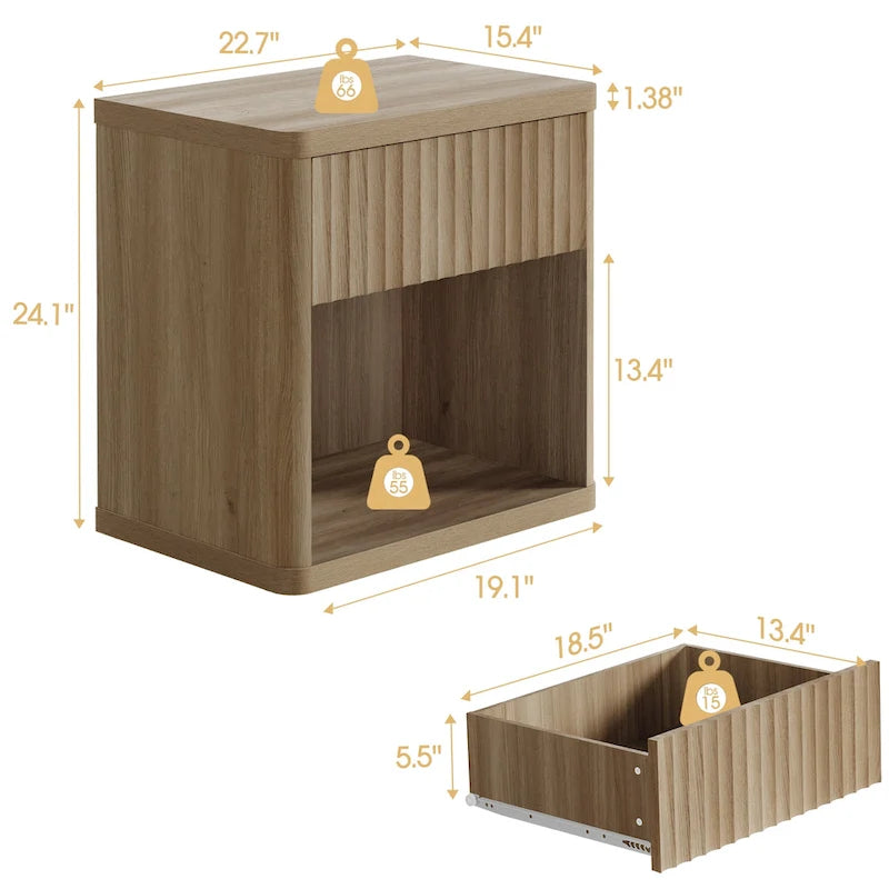 Set di 2 comodini moderni in stile rustico con cassetto scanalato e ripiano aperto, 57,7 cm P x 39,1 cm L x 61,2 cm A