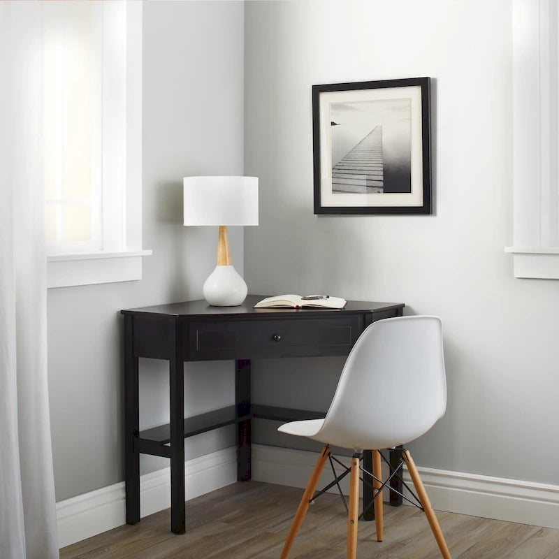 Scrivania ad angolo per computer con cassetto e ripiano inferiore, Legno massello e MDF, 107 cm L x 71 cm P x 76 cm H