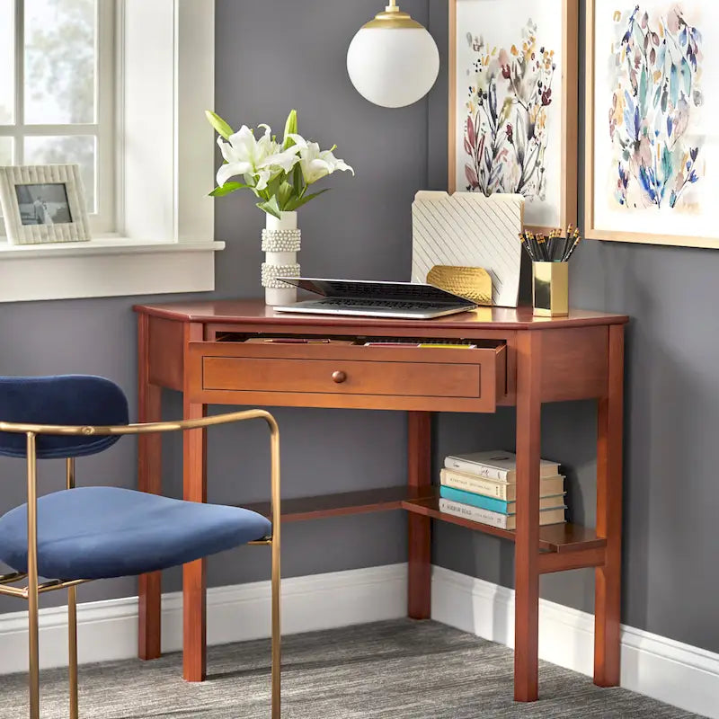 Scrivania ad angolo per computer con cassetto e ripiano inferiore, Legno massello e MDF, 107 cm L x 71 cm P x 76 cm H