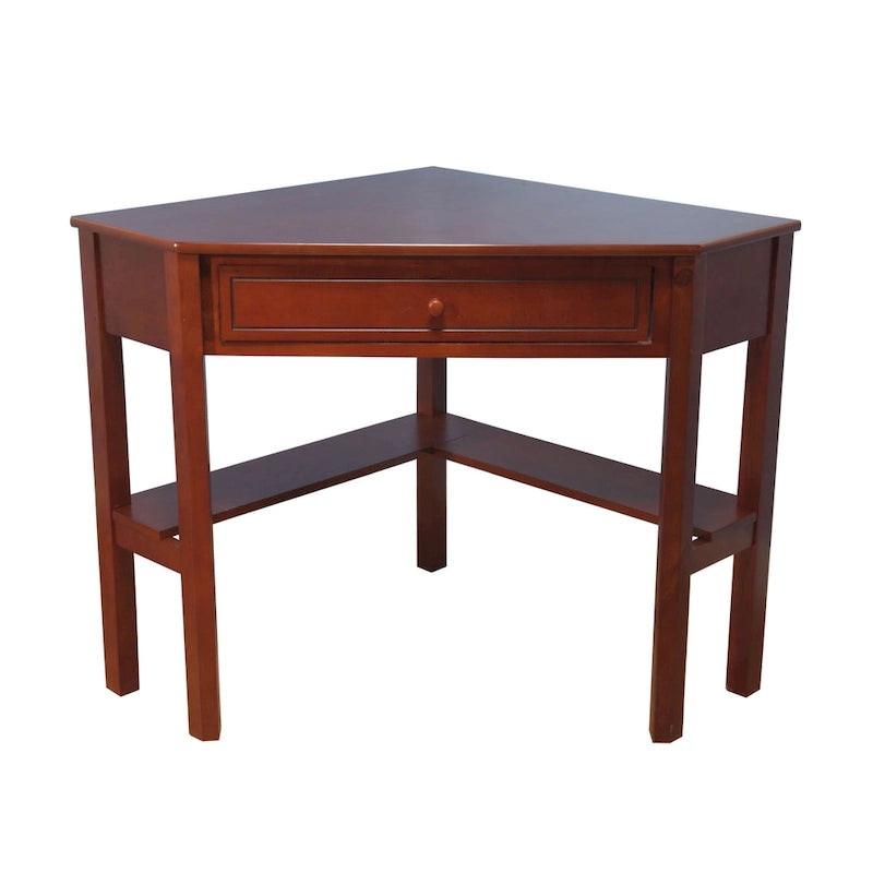 Scrivania ad angolo per computer con cassetto e ripiano inferiore, Legno massello e MDF, 107 cm L x 71 cm P x 76 cm H