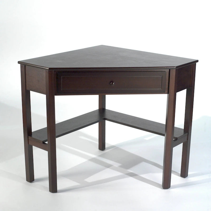 Scrivania ad angolo per computer con cassetto e ripiano inferiore, Legno massello e MDF, 107 cm L x 71 cm P x 76 cm H