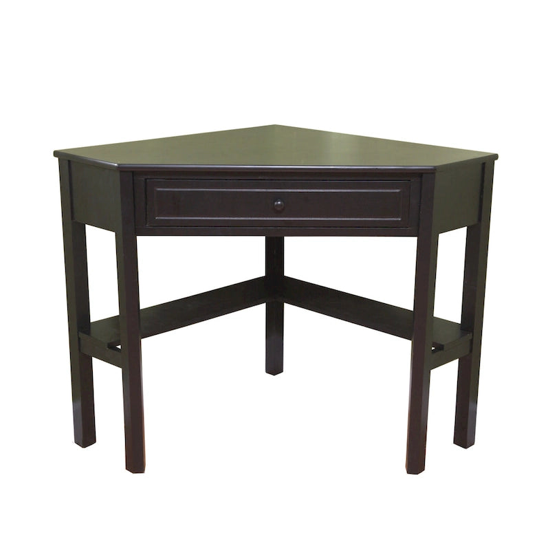 Scrivania ad angolo per computer con cassetto e ripiano inferiore, Legno massello e MDF, 107 cm L x 71 cm P x 76 cm H