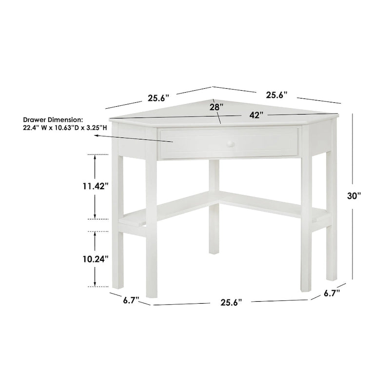 Scrivania ad angolo per computer con cassetto e ripiano inferiore, Legno massello e MDF, 107 cm L x 71 cm P x 76 cm H