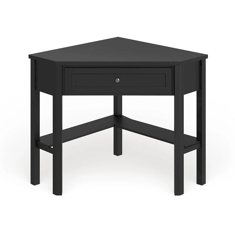 Scrivania ad angolo per computer con cassetto e ripiano inferiore, Legno massello e MDF, 107 cm L x 71 cm P x 76 cm H