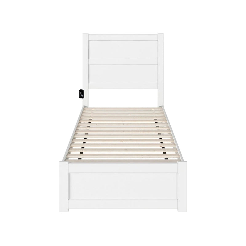 Letto a piattaforma Twin XL in stile moderno di metà secolo con pediera, stazione di ricarica e doghe, 272 kg, Bianco