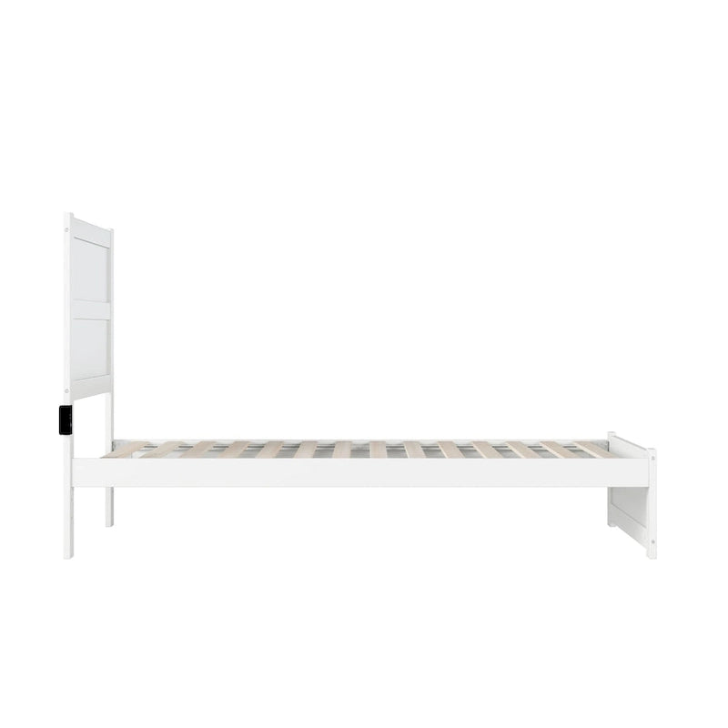 Letto a piattaforma Twin XL in stile moderno di metà secolo con pediera, stazione di ricarica e doghe, 272 kg, Bianco