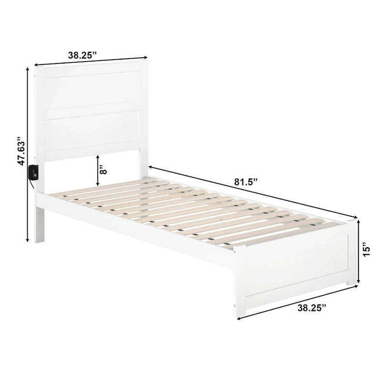 Letto a piattaforma Twin XL in stile moderno di metà secolo con pediera, stazione di ricarica e doghe, 272 kg, Bianco