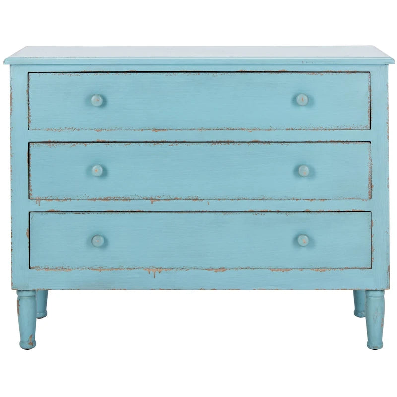Cassettiera a 3 cassetti, finitura blu invecchiato, stile vintage country con gambe tornite