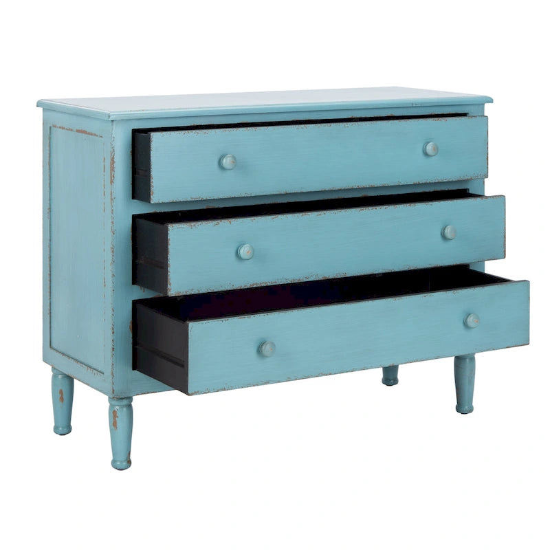 Cassettiera a 3 cassetti, finitura blu invecchiato, stile vintage country con gambe tornite