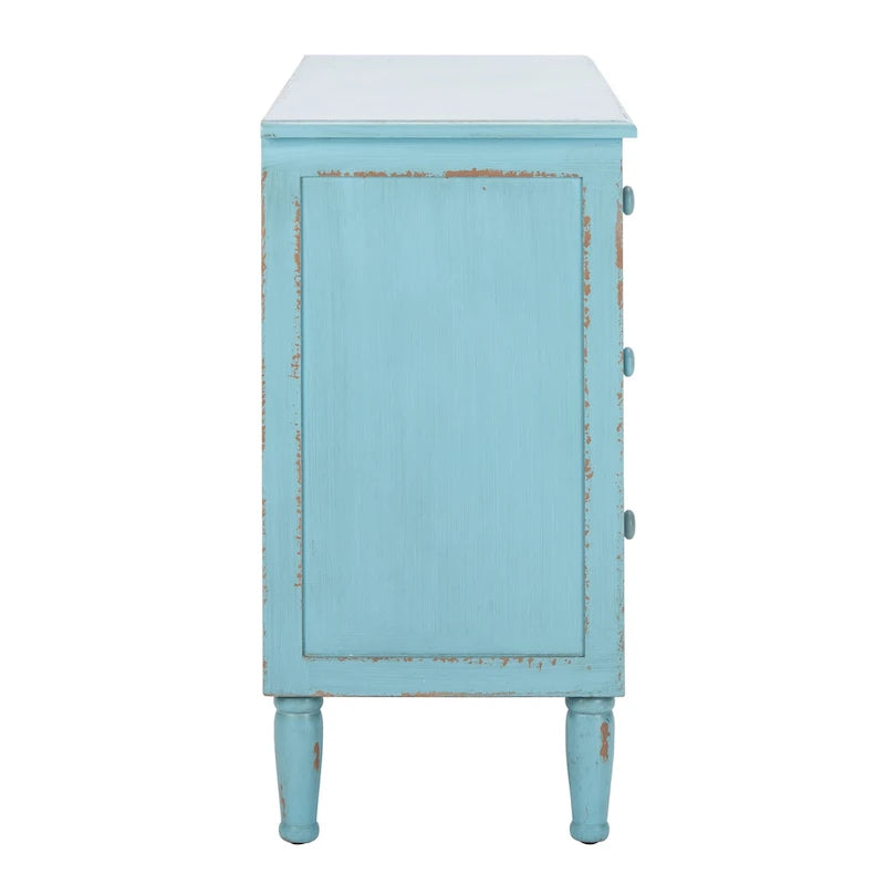 Cassettiera a 3 cassetti, finitura blu invecchiato, stile vintage country con gambe tornite