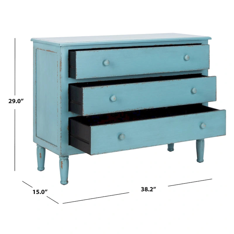 Cassettiera a 3 cassetti, finitura blu invecchiato, stile vintage country con gambe tornite