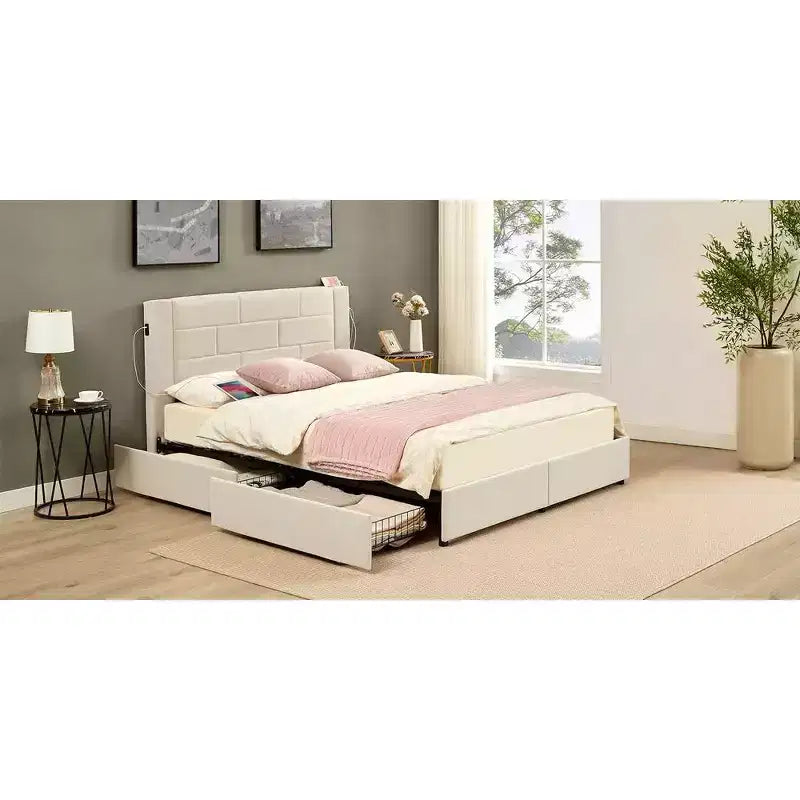 VECELO Upholstered Bed Metal Frame Platform Bed with USB Charging