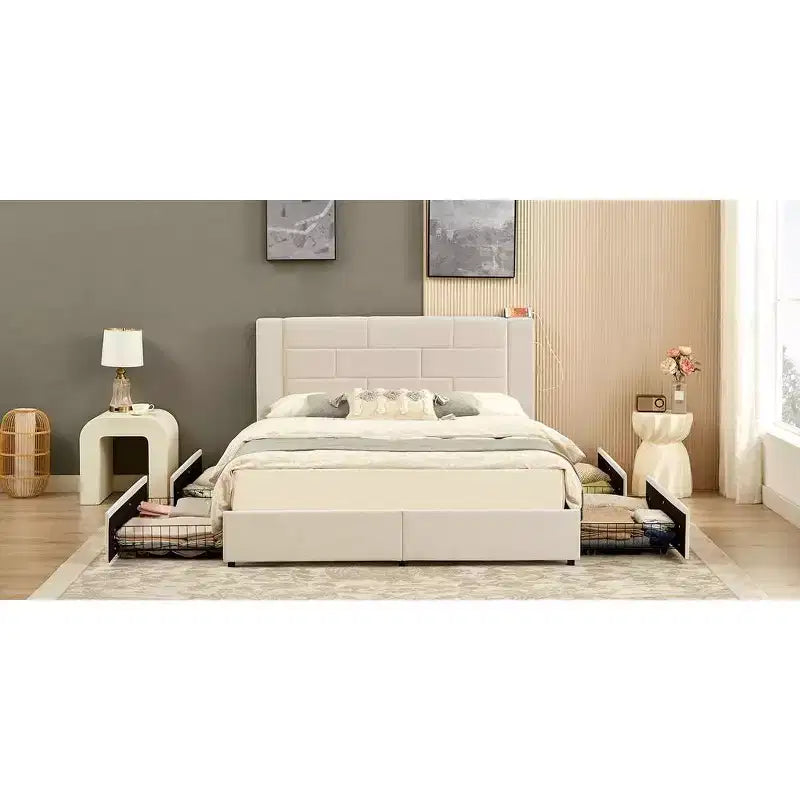 VECELO Upholstered Bed Metal Frame Platform Bed with USB Charging