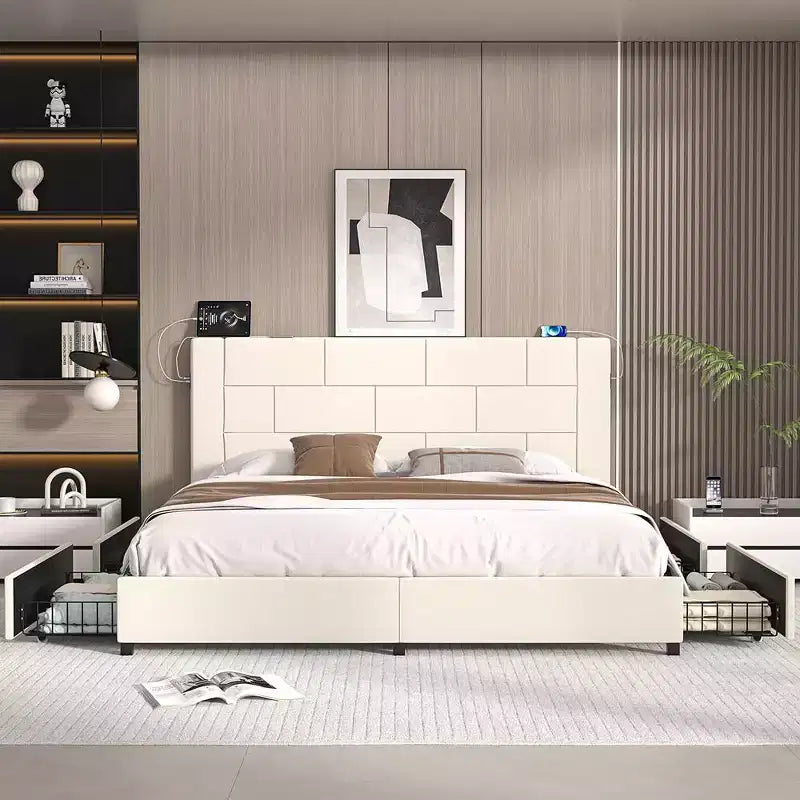 VECELO Upholstered Bed Metal Frame Platform Bed with USB Charging