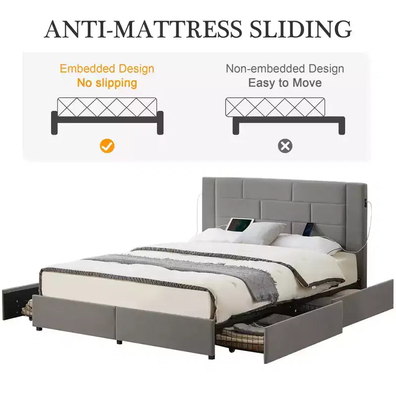 VECELO Upholstered Bed Metal Frame Platform Bed with USB Charging