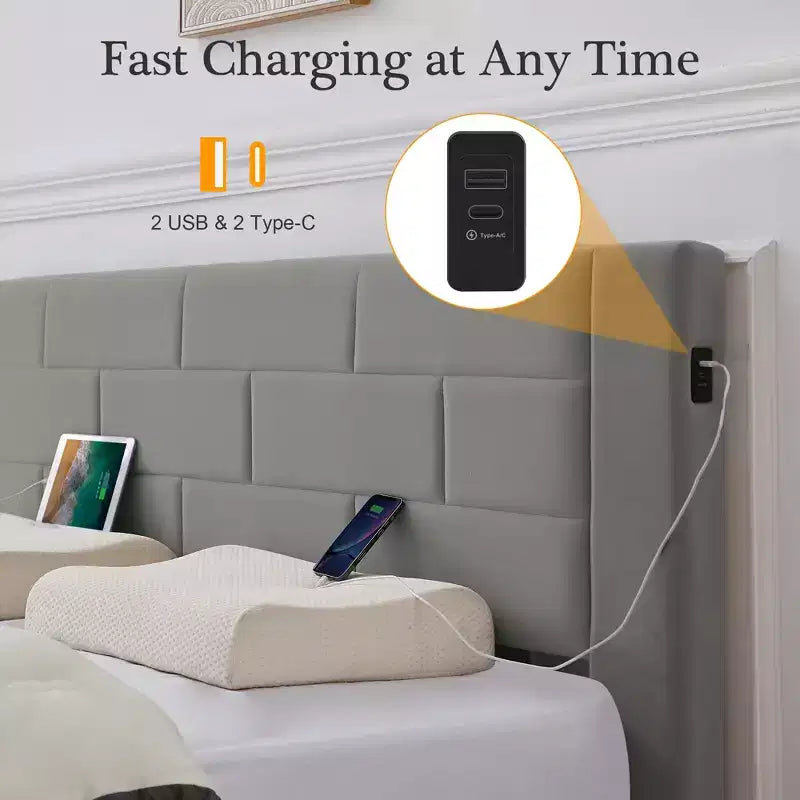 VECELO Upholstered Bed Metal Frame Platform Bed with USB Charging
