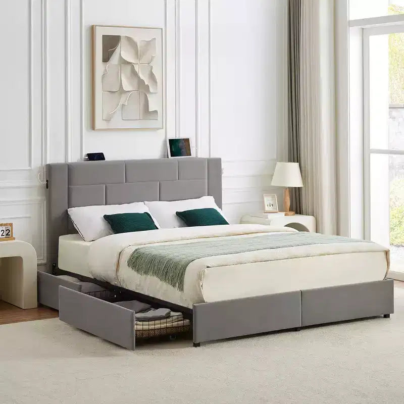 VECELO Upholstered Bed Metal Frame Platform Bed with USB Charging