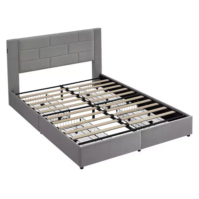 VECELO Upholstered Bed Metal Frame Platform Bed with USB Charging