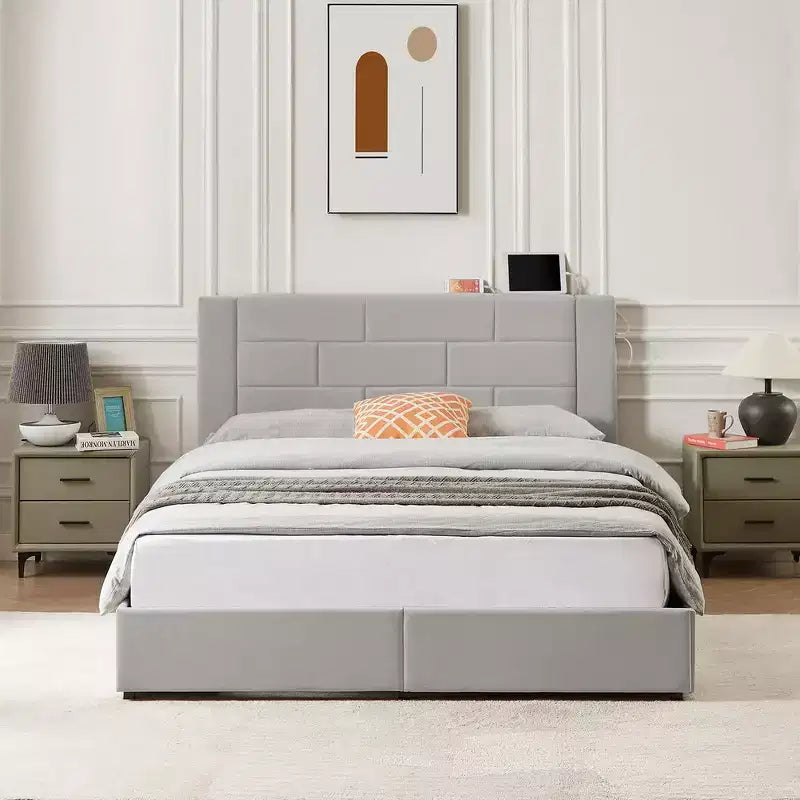 VECELO Upholstered Bed Metal Frame Platform Bed with USB Charging