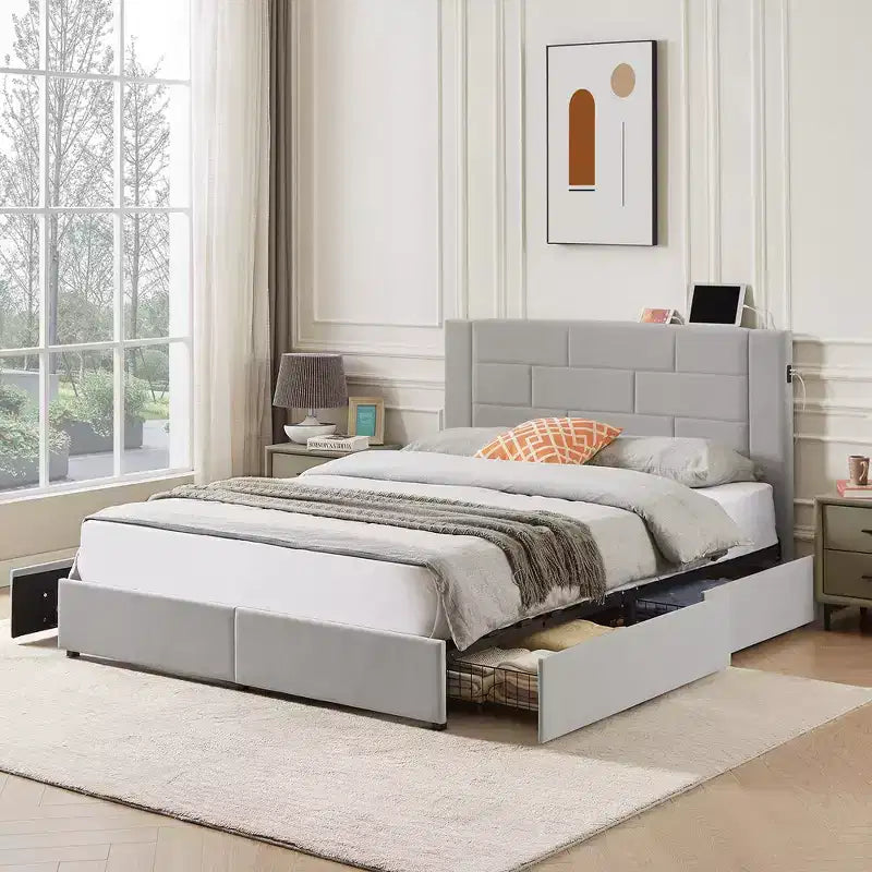 VECELO Upholstered Bed Metal Frame Platform Bed with USB Charging