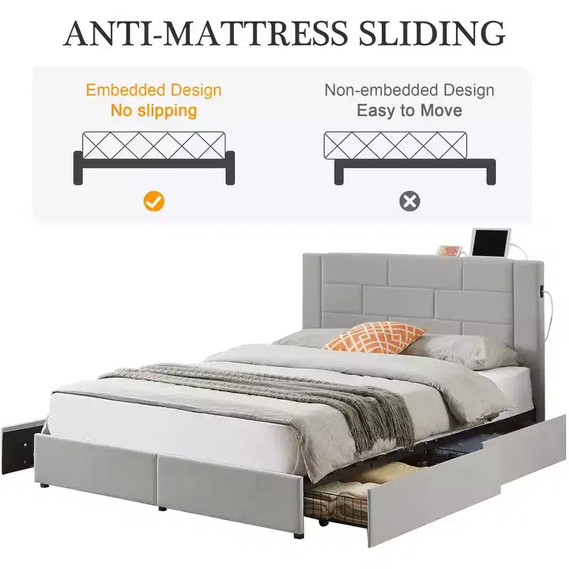 VECELO Upholstered Bed Metal Frame Platform Bed with USB Charging