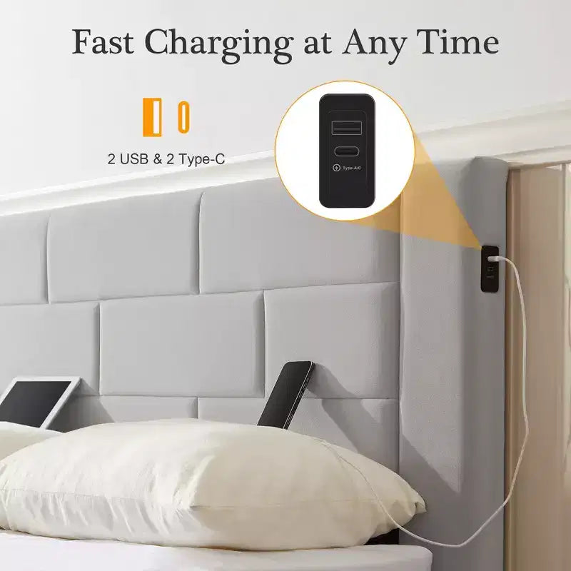VECELO Upholstered Bed Metal Frame Platform Bed with USB Charging
