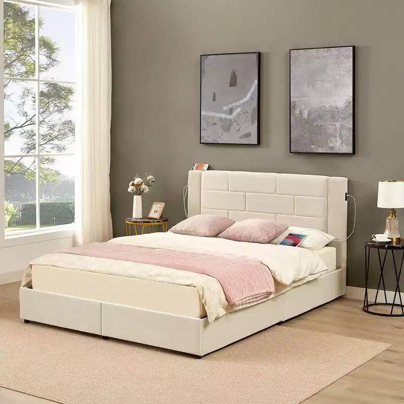 VECELO Upholstered Bed Metal Frame Platform Bed with USB Charging