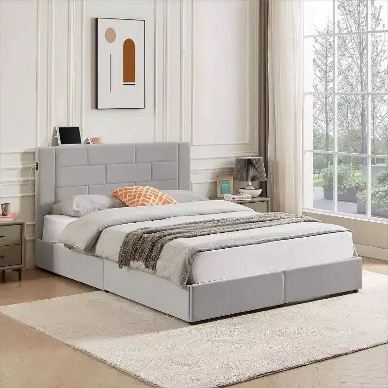 VECELO Upholstered Bed Metal Frame Platform Bed with USB Charging