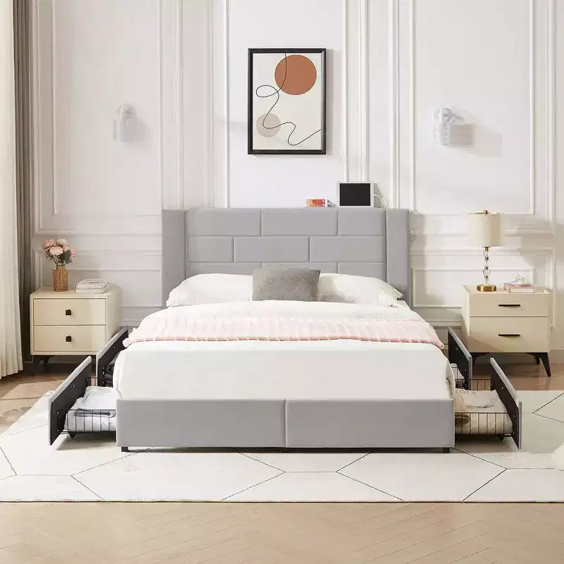 VECELO Upholstered Bed Metal Frame Platform Bed with USB Charging