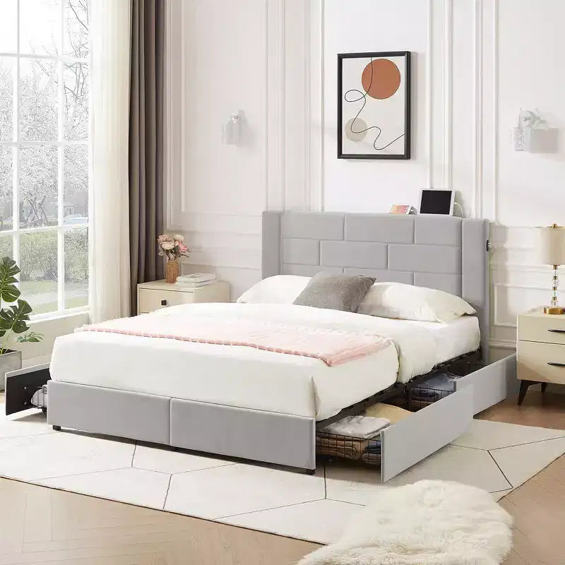 VECELO Upholstered Bed Metal Frame Platform Bed with USB Charging
