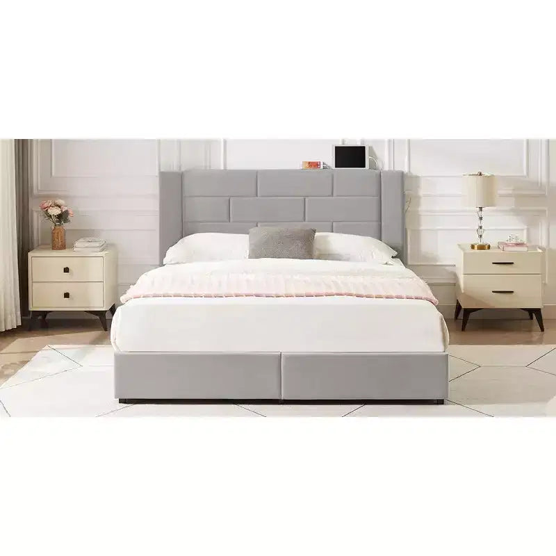 VECELO Upholstered Bed Metal Frame Platform Bed with USB Charging