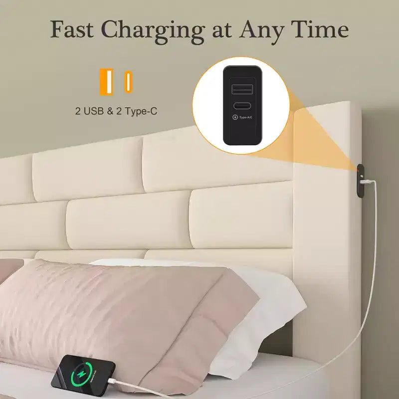 VECELO Upholstered Bed Metal Frame Platform Bed with USB Charging