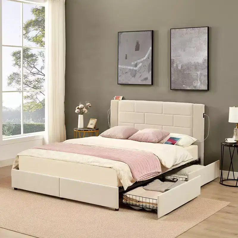 VECELO Upholstered Bed Metal Frame Platform Bed with USB Charging