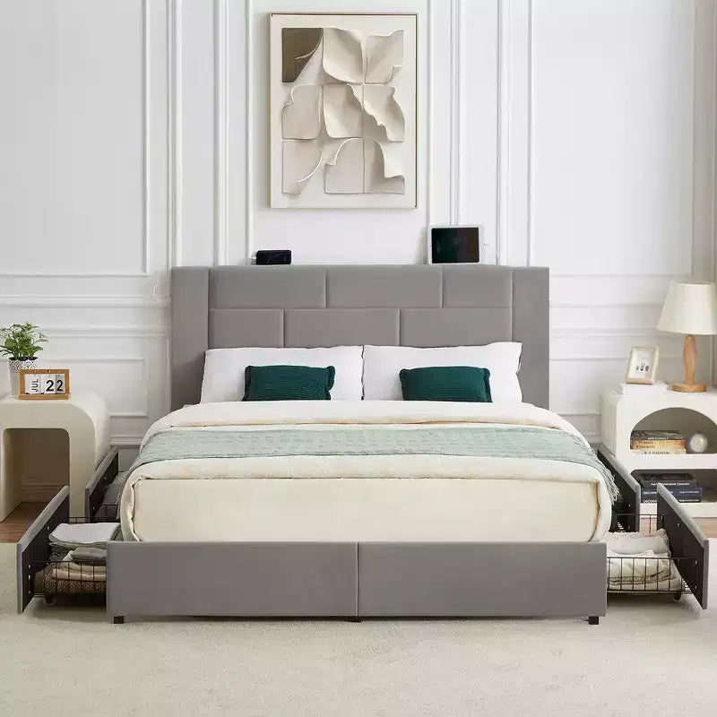 VECELO Upholstered Bed Metal Frame Platform Bed with USB Charging