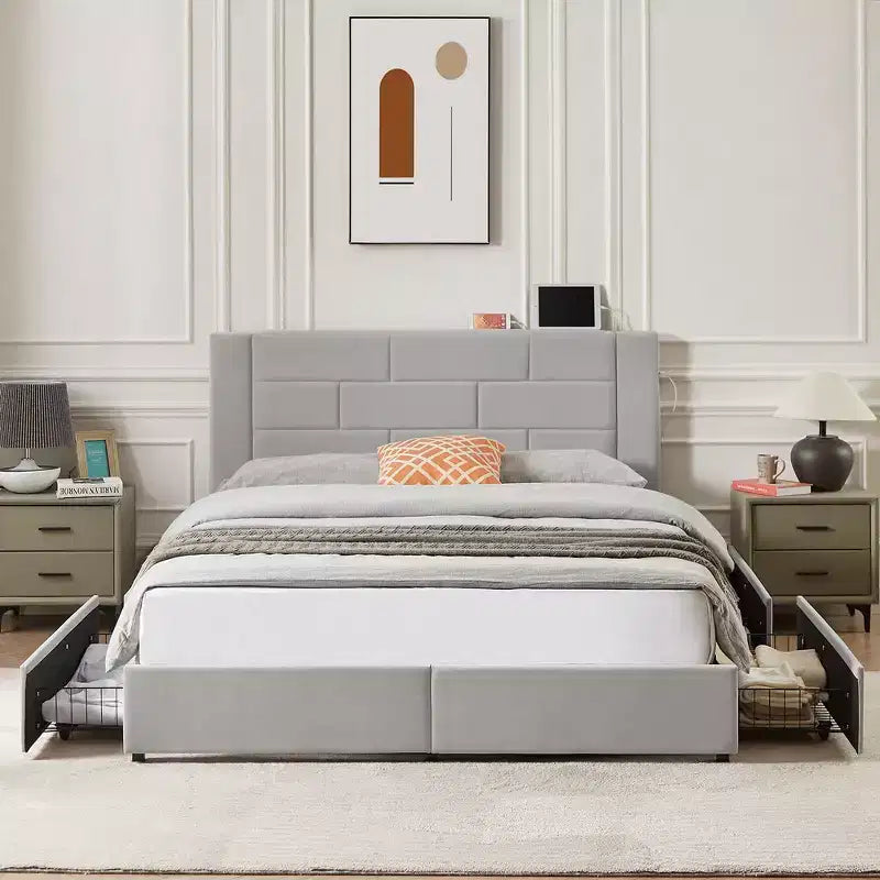 VECELO Upholstered Bed Metal Frame Platform Bed with USB Charging