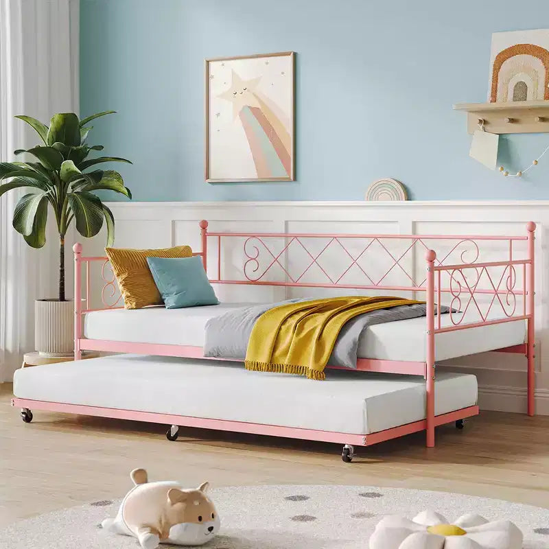 Whizmax Twin Metal Daybed with Trundle, Space Saving Trundle Sofa Bed for Living Room, Bedroom and Guest Room