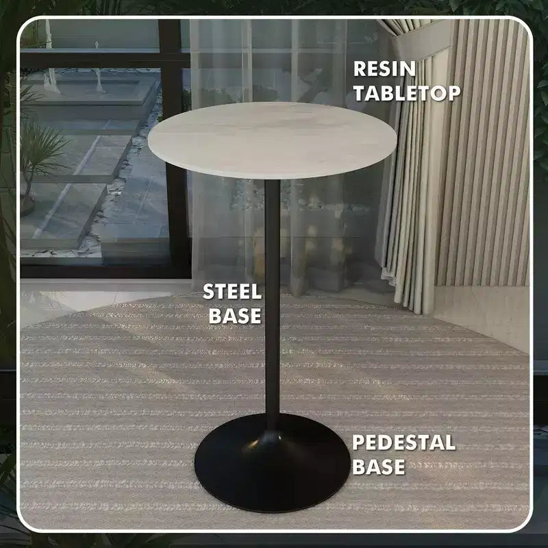 Leisuremod Verve 27 Round Bar Height Dining Table - Modern Resin Top with Black Steel Pedestal Base Counter Height Table for Kitchen, Home, and Pub